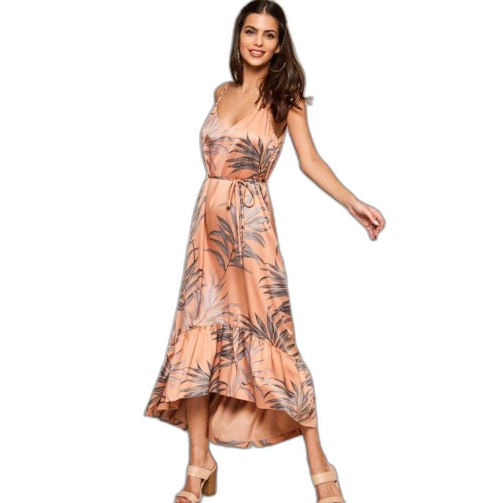 L'atiste Mermaid Tails Coral Brown Leaf Pattern Belted Midi Dress  Size M